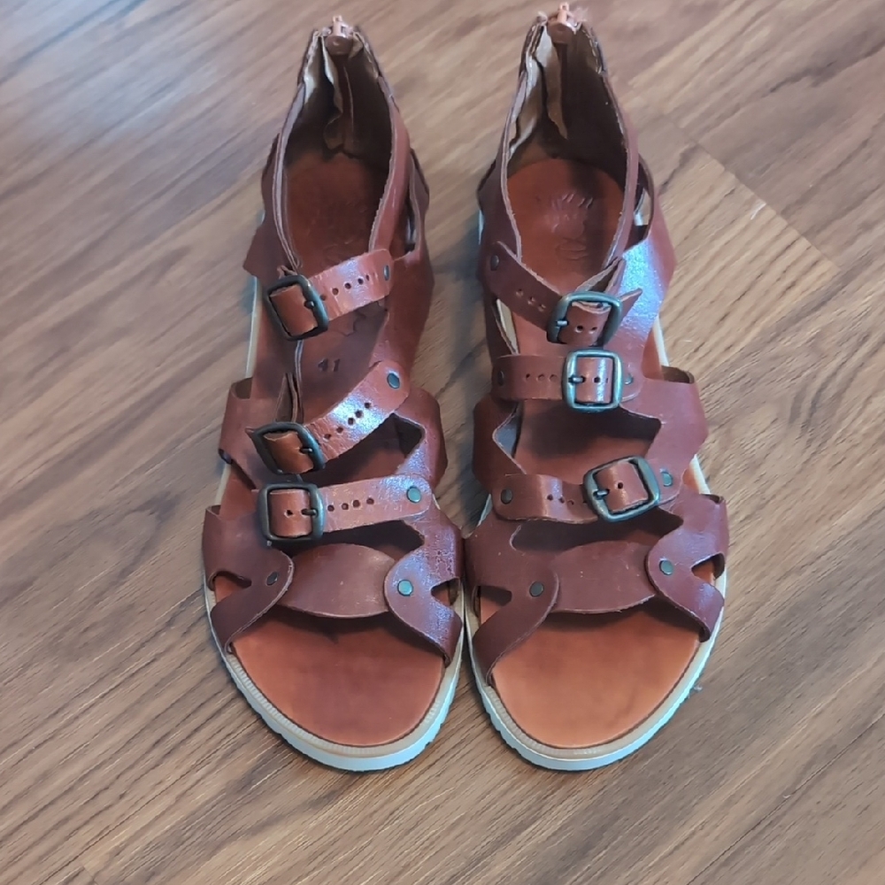 Nikos Brown Leather Gladiator Sandals with Buckle Straps